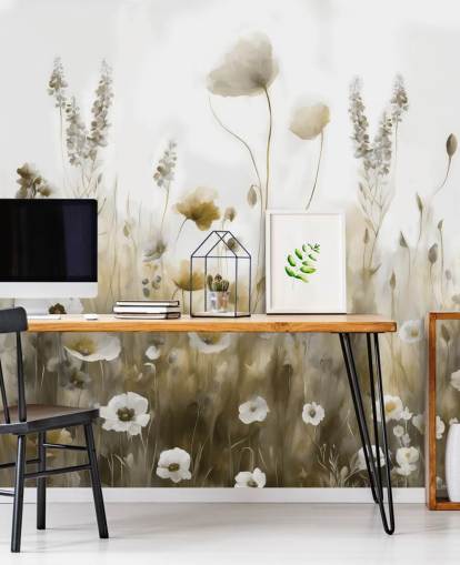 gele en grijze muurschildering met wilde bloemen genaamd Ease III van Marina Stupakova voor slaapkamers, keukens en badkamers