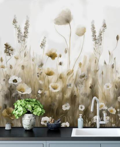 mural de papel de parede de flores silvestres amarelo e cinza chamado Ease III de Marina Stupakova para quartos, cozinhas e banheiros