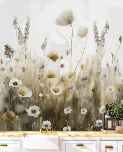 gelbe und graue Wildblumentapete namens Ease III von Marina Stupakova für Schlafzimmer, Küchen und Badezimmer