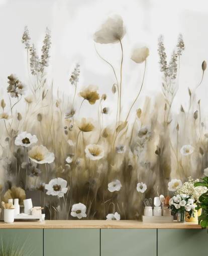 mural de papel pintado de flores silvestres amarillas y grises llamado Ease III de Marina Stupakova para dormitorios, cocinas y baños