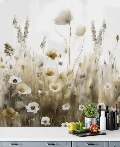 gele en grijze muurschildering met wilde bloemen genaamd Ease III van Marina Stupakova voor slaapkamers, keukens en badkamers