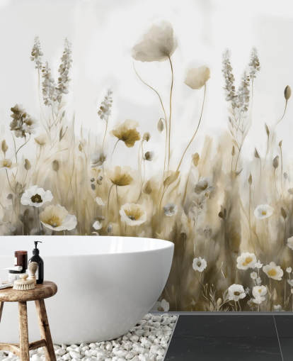 gele en grijze muurschildering met wilde bloemen genaamd Ease III van Marina Stupakova voor slaapkamers, keukens en badkamers