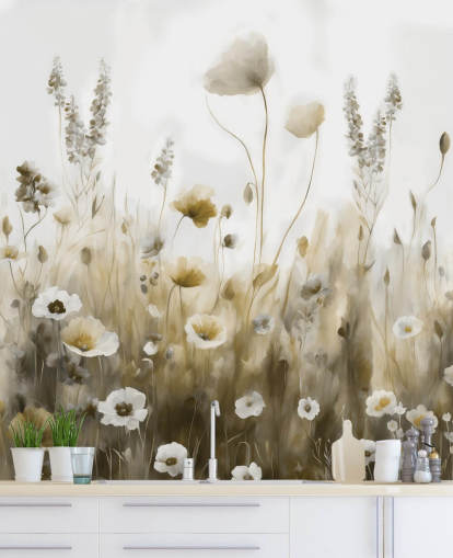 yellow and grey wildflower wallpaper mural called Ease III by Marina Stupakova for bedrooms, kitchens and bathrooms