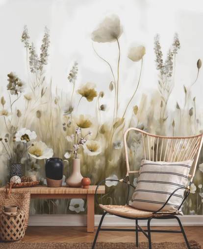 mural de papel pintado de flores silvestres amarillas y grises llamado Ease III de Marina Stupakova para dormitorios, cocinas y baños