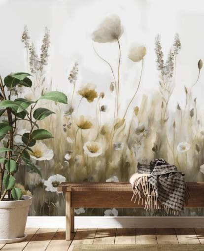 gele en grijze muurschildering met wilde bloemen genaamd Ease III van Marina Stupakova voor slaapkamers, keukens en badkamers
