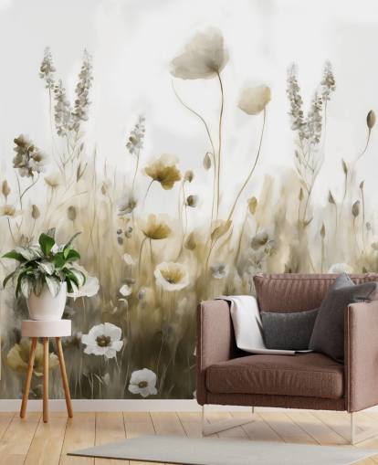 mural de papel pintado de flores silvestres amarillas y grises llamado Ease III de Marina Stupakova para dormitorios, cocinas y baños