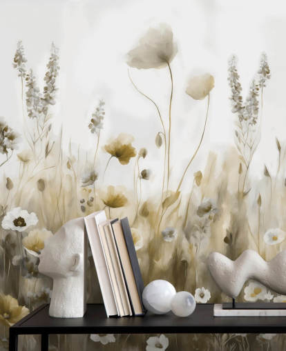 gelbe und graue Wildblumentapete namens Ease III von Marina Stupakova für Schlafzimmer, Küchen und Badezimmer