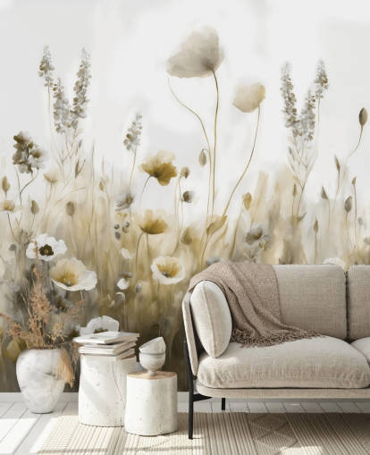 mural de papel pintado de flores silvestres amarillas y grises llamado Ease III de Marina Stupakova para dormitorios, cocinas y baños