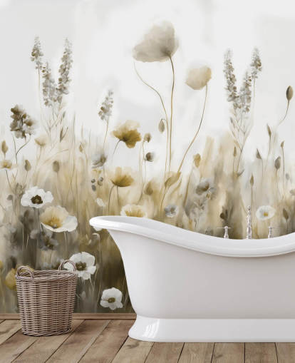 yellow and gray wildflower wallpaper mural called Ease III by Marina Stupakova for bedrooms, kitchens and bathrooms
