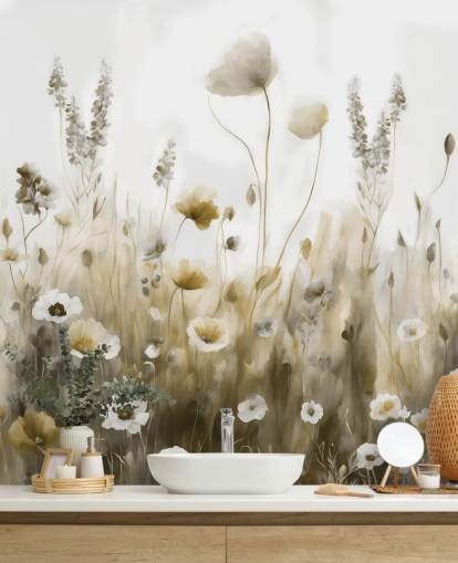 mural de papel de parede de flores silvestres amarelo e cinza chamado Ease III de Marina Stupakova para quartos, cozinhas e banheiros