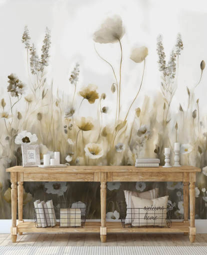 gelbe und graue Wildblumentapete namens Ease III von Marina Stupakova für Schlafzimmer, Küchen und Badezimmer