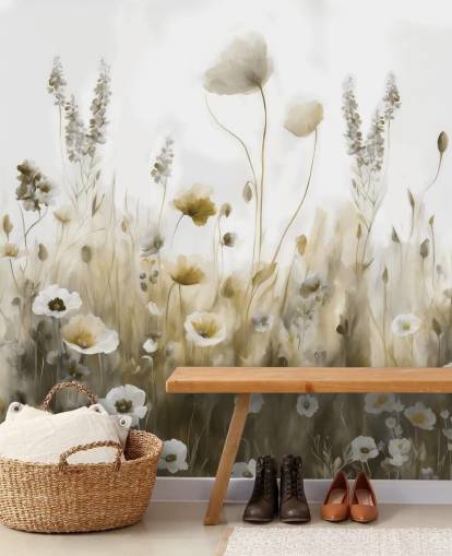 gelbe und graue Wildblumentapete namens Ease III von Marina Stupakova für Schlafzimmer, Küchen und Badezimmer
