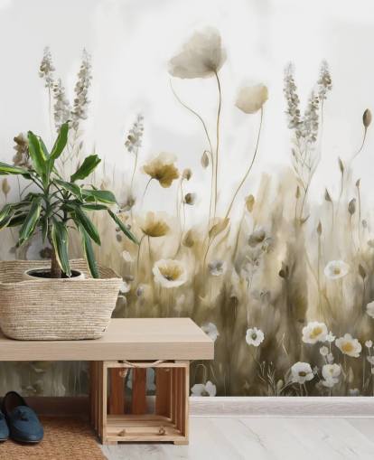 yellow and grey wildflower wallpaper mural called Ease III by Marina Stupakova for bedrooms, kitchens and bathrooms