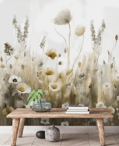 yellow and grey wildflower wallpaper mural called Ease III by Marina Stupakova for bedrooms, kitchens and bathrooms