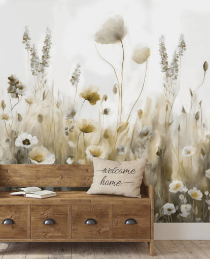 papier peint mural de fleurs sauvages jaunes et grises appelé Ease III de Marina Stupakova pour les chambres, les cuisines et les salles de bain