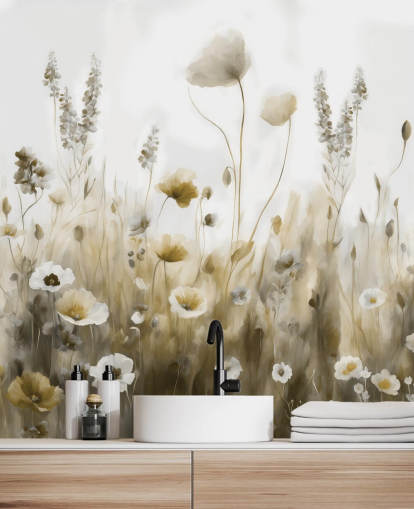 yellow and grey wildflower wallpaper mural called Ease III by Marina Stupakova for bedrooms, kitchens and bathrooms