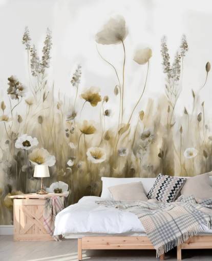 mural de papel pintado de flores silvestres amarillas y grises llamado Ease III de Marina Stupakova para dormitorios, cocinas y baños mural de papel pintado de flores silvestres amarillas y grises llamado Ease III de Marina Stupakova para dormitorios, cocinas y baños