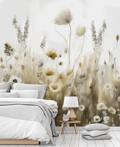 papier peint mural de fleurs sauvages jaunes et grises appelé Ease III de Marina Stupakova pour les chambres, les cuisines et les salles de bain