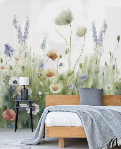 mural colorido de flores silvestres chamado Ease, de Marina Stupakova, para quartos, salas de estar e corredores mural colorido de flores silvestres chamado Ease, de Marina Stupakova, para quartos, salas de estar e corredores