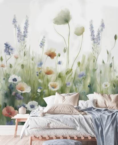 murale colorato con fiori selvatici chiamato Ease di Marina Stupakova per camere da letto, salotti e corridoi