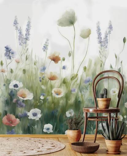 mural de pared colorido de flores silvestres llamado Ease de Marina Stupakova para dormitorios, salas de estar y pasillos