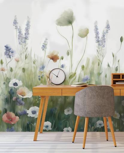 mural colorido de flores silvestres chamado Ease, de Marina Stupakova, para quartos, salas de estar e corredores