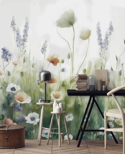 mural de pared colorido de flores silvestres llamado Ease de Marina Stupakova para dormitorios, salas de estar y pasillos