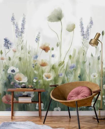 kleurrijke muurschildering met wilde bloemen genaamd Ease van Marina Stupakova voor slaapkamers, woonkamers en gangen
