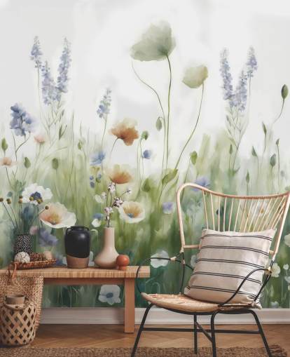 mural colorido de flores silvestres chamado Ease, de Marina Stupakova, para quartos, salas de estar e corredores