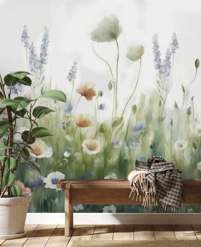 kleurrijke muurschildering met wilde bloemen genaamd Ease van Marina Stupakova voor slaapkamers, woonkamers en gangen