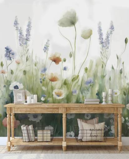 mural de pared colorido de flores silvestres llamado Ease de Marina Stupakova para dormitorios, salas de estar y pasillos