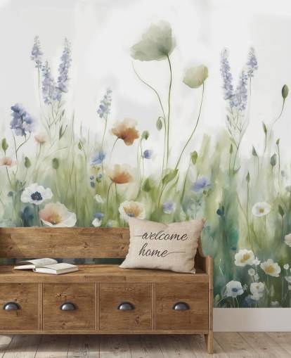 mural colorido de flores silvestres chamado Ease, de Marina Stupakova, para quartos, salas de estar e corredores mural colorido de flores silvestres chamado Ease, de Marina Stupakova, para quartos, salas de estar e corredores