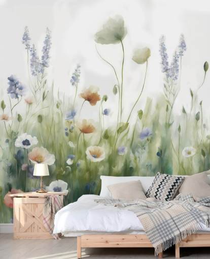 kleurrijke muurschildering met wilde bloemen genaamd Ease van Marina Stupakova voor slaapkamers, woonkamers en gangen