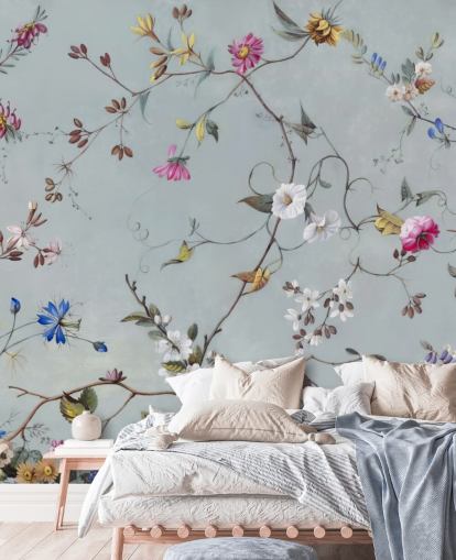 blaues Tapetenbild mit Blumenmuster namens Floral Heaven von Marina Stupakova für Schlafzimmer und Wohnzimmer blaues Tapetenbild mit Blumenmuster namens Floral Heaven von Marina Stupakova für Schlafzimmer und Wohnzimmer