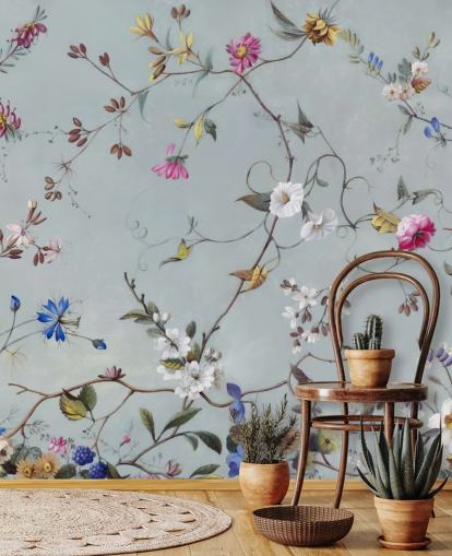 mural de papel pintado con estampado floral azul llamado Floral Heaven de Marina Stupakova para dormitorios y salas de estar