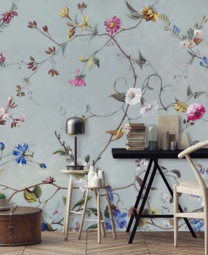 blå blomstermønster tapetmaleri kaldet Floral Heaven af Marina Stupakova til soveværelser og stuer