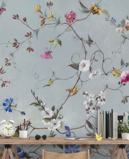 mural de papel pintado con estampado floral azul llamado Floral Heaven de Marina Stupakova para dormitorios y salas de estar