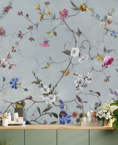 carta da parati murale con motivo floreale blu chiamato Floral Heaven di Marina Stupakova per camere da letto e salotti