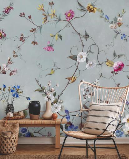 blue floral pattern wallpaper mural called Floral Heaven by Marina Stupakova for bedrooms and living rooms