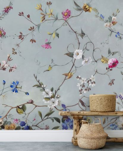 blaues Tapetenbild mit Blumenmuster namens Floral Heaven von Marina Stupakova für Schlafzimmer und Wohnzimmer blaues Tapetenbild mit Blumenmuster namens Floral Heaven von Marina Stupakova für Schlafzimmer und Wohnzimmer