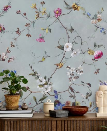 blå blomstermønster tapetmaleri kaldet Floral Heaven af Marina Stupakova til soveværelser og stuer blå blomstermønster tapetmaleri kaldet Floral Heaven af Marina Stupakova til soveværelser og stuer