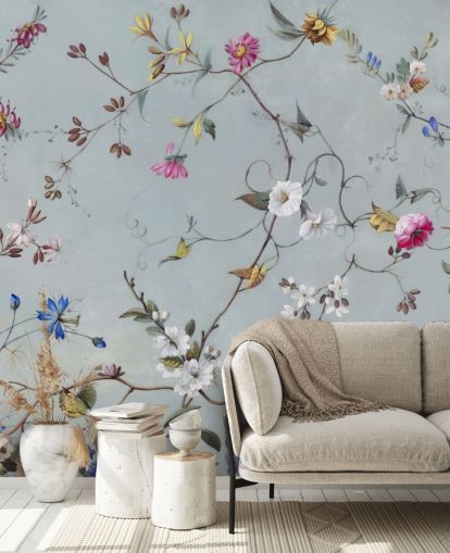 Marina Stupakovan sininen kukkakuvioinen taustakuvamaalaus nimeltä Floral Heaven makuuhuoneisiin ja olohuoneisiin Marina Stupakovan sininen kukkakuvioinen taustakuvamaalaus nimeltä Floral Heaven makuuhuoneisiin ja olohuoneisiin