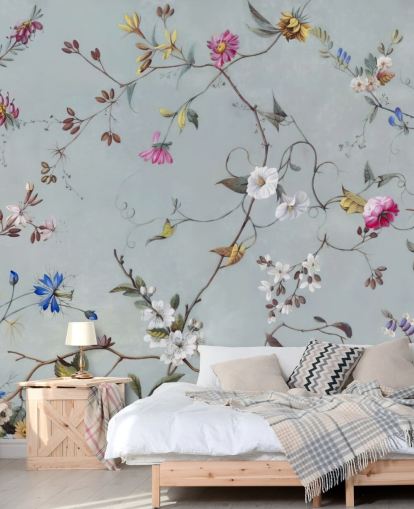 blaues Tapetenbild mit Blumenmuster namens Floral Heaven von Marina Stupakova für Schlafzimmer und Wohnzimmer blaues Tapetenbild mit Blumenmuster namens Floral Heaven von Marina Stupakova für Schlafzimmer und Wohnzimmer
