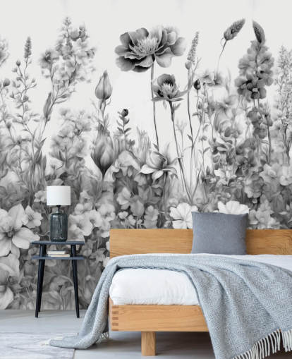 mural de papel pintado floral en blanco y negro llamado Flowers of My Soul III de Marina Stupakova