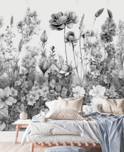 mural de papel pintado floral en blanco y negro llamado Flowers of My Soul III de Marina Stupakova