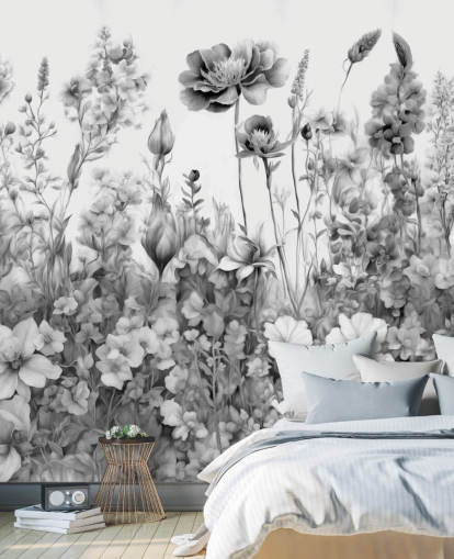 black and white floral wallpaper mural called Flowers of My Soul III by Marina Stupakova