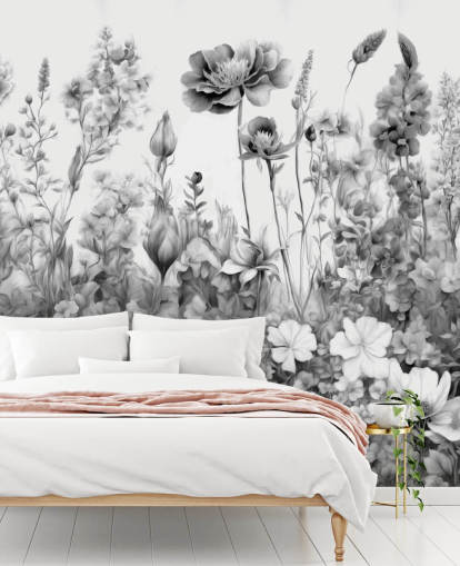 mural de papel pintado floral en blanco y negro llamado Flowers of My Soul III de Marina Stupakova