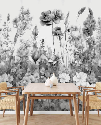 mural de papel pintado floral en blanco y negro llamado Flowers of My Soul III de Marina Stupakova