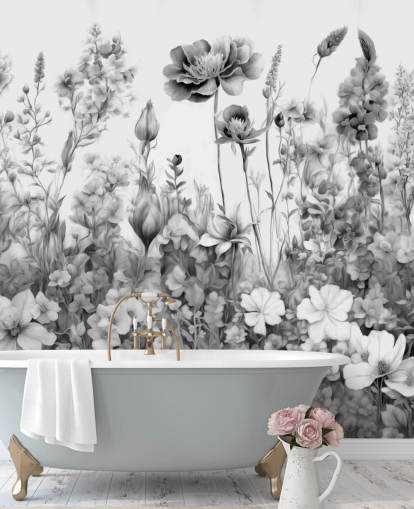 black and white floral wallpaper mural called Flowers of My Soul III by Marina Stupakova