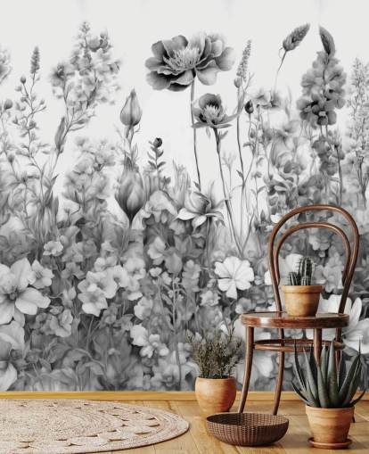 black and white floral wallpaper mural called Flowers of My Soul III by Marina Stupakova